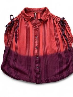 Free People Ombre Button-Front Tie-Shoulder Blouse in Red and Purple